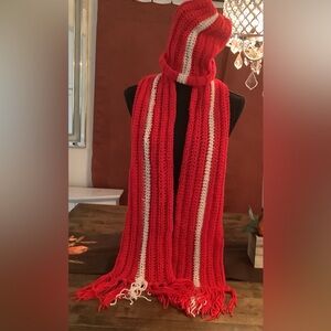 Red and white hand crochet hat and scarf set